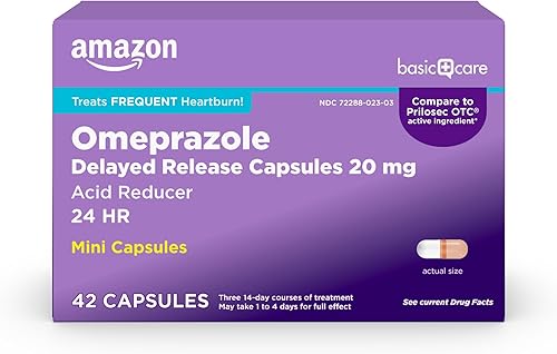 Amazon Basic Care Omeprazole - Mini cápsulas de liberación retardada de 20 mg, reductor de ácido, alivio de la acidez estomacal 24 horas, paquete de