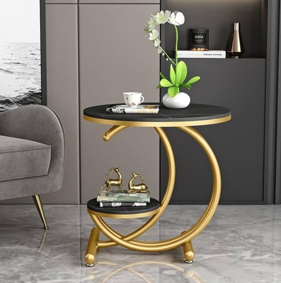 Woodilla Round 2 Tier Coffee Table, Modern Bedside Tablefor Living Room, Tea,Sleek End Table,Bed Side Table,Nightstand with Durable Faux Marble Top with Metal Legs- Black & White-image-40