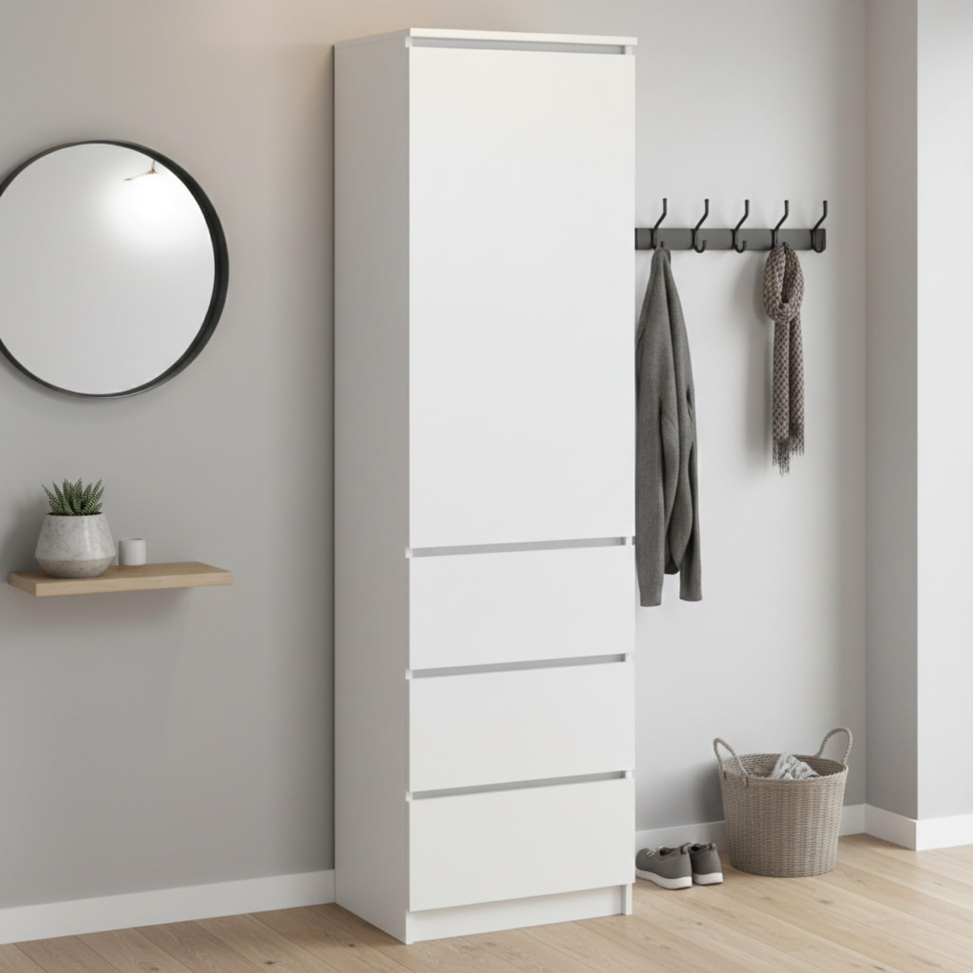 Kleiderschrank, Garderobenschrank, Mehrzweckschrank mit 3 Einlegeböden & 3 Schubladen | kompakter und funktionaler Schrank für Schlafzimmer, Flur oder Arbeitszimmer | 50x40x180 cm (BxTxH) | Weiß