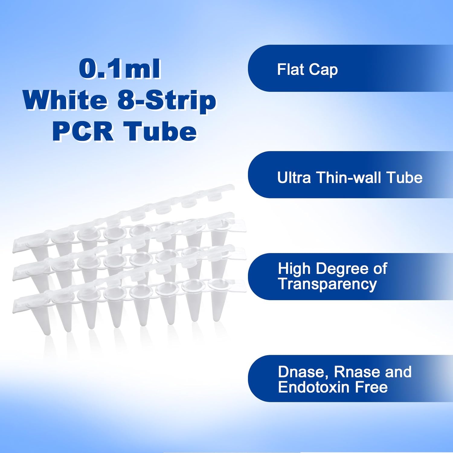 0.1ml 8-Strip PCR Tubes, White PCR Tubes with Flat Caps, Ultra Thin Wall PCR Reaction Tubes, Polypropylene Microcentrifuge PCR Tube, DNase/RNase Free, 125 Sets/Pack (White, 125Pcs)