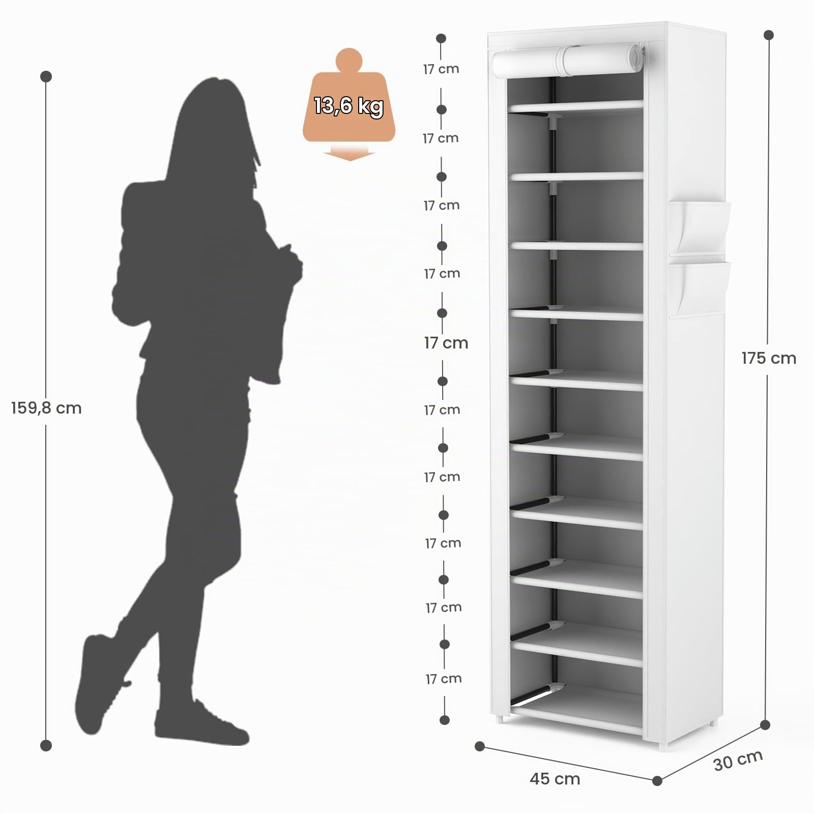 VTRIN Pionowy, wąski organizer na buty, wysoki stojak na buty, do szafy, wejścia, 10-poziomowa, z włókniną, mieści 20–22 pary, wolnostojąca szafka do przechowywania butów z pyłoszczelną osłoną, biały