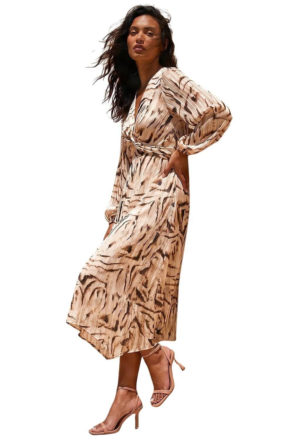 Roman Women's Natural Zebra Print Twist Front Midi Dress In | : Size 12