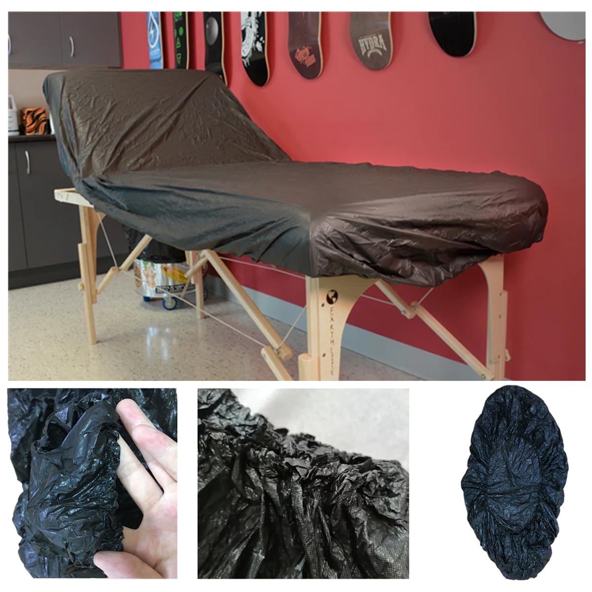 Tattoo Bed Covers Fitted Disposable Massage Table Sheets 83 x 35 inches (Pack of 10) Chair Cover with Elastic Waterproof Plastic Lash Sheets Protector for Tattoo Supplies SPA Black