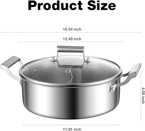 Miniatura 4 de Delarlo Utensilios de cocina de acero inoxidable de tres capas de 7 cuartos de galón con tapa de vidrio, olla caliente para cocina todo sartén, olla