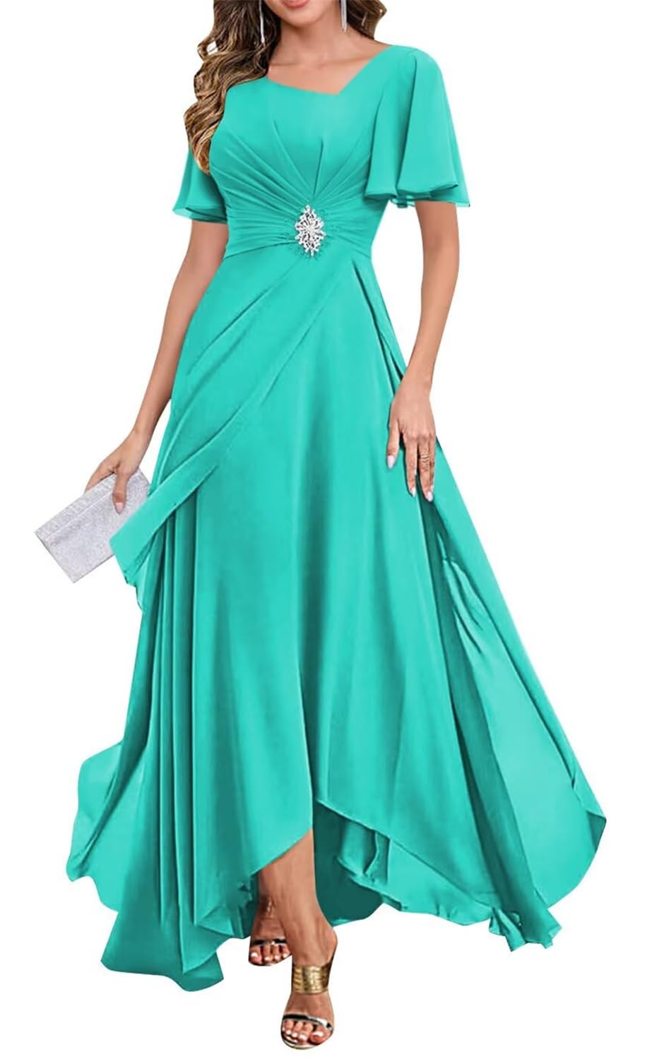 Yiann Women's Turquoise Mother Of The Bride Dresses For Wedding Floor Length Short Sleeve Chiffon Formal Dress Evening Gown Uk20