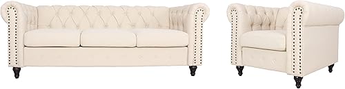 Juego de sofá tradicional de lino Chesterfield 2 piezas con decoración de remaches y patas de madera, gris claro