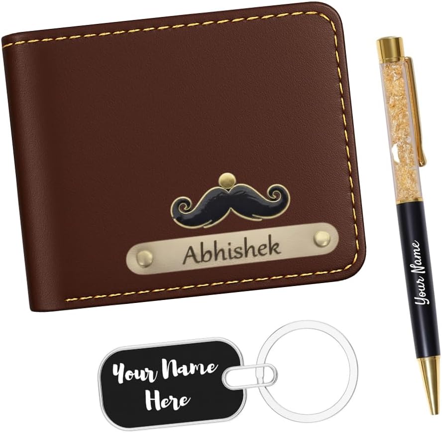 Personalized Wallet Metal Keychain and Pen Set for Men – Customized Name Engraved Leather Wallet with Metal Keyring & Pen Gift Combo