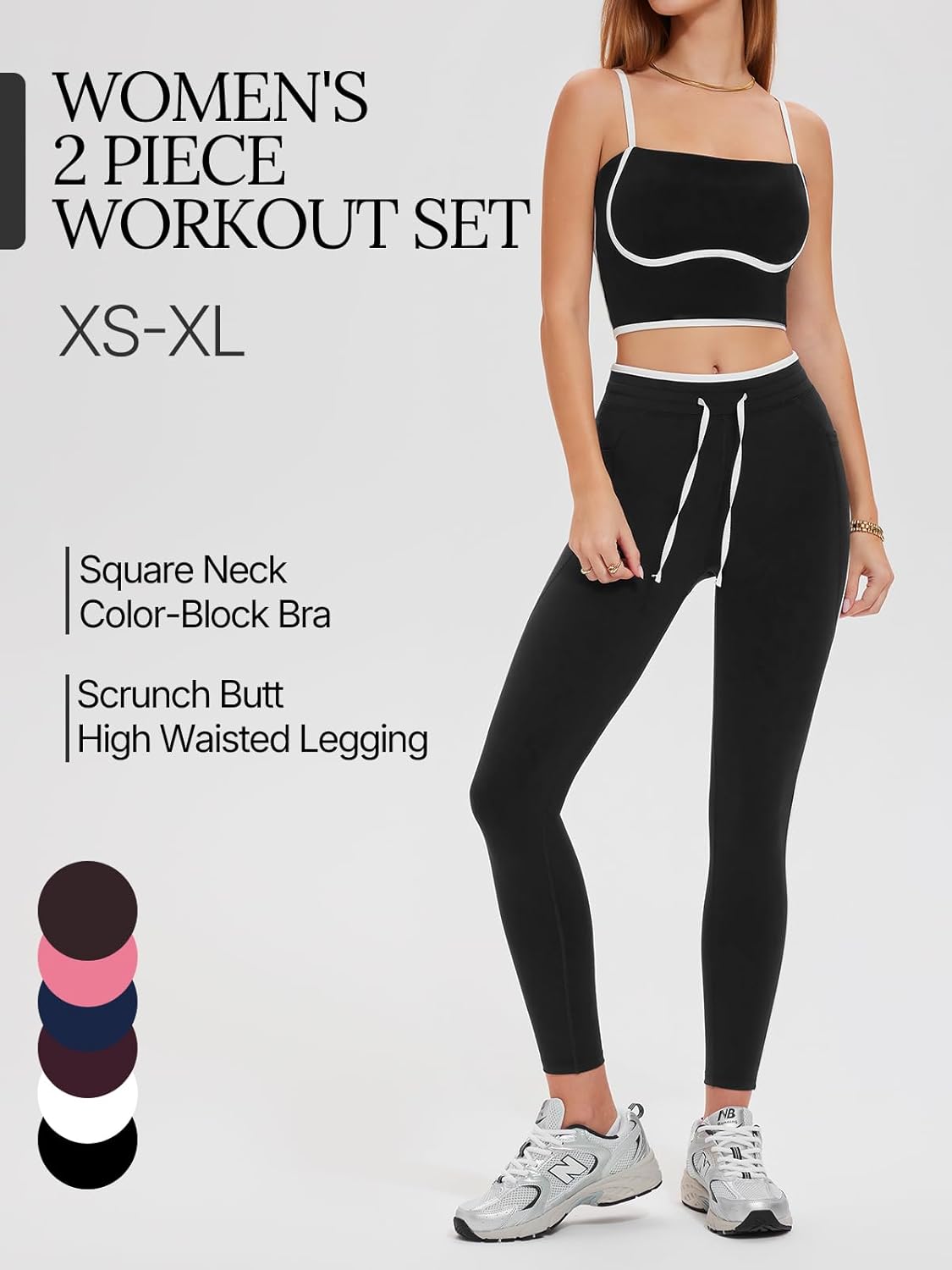 Women's 2 Piece Workout Set with Pockets Square Neck High Waist Leggings for Gym Tennis Golf Yoga Running Pilates Outfits - Image 3