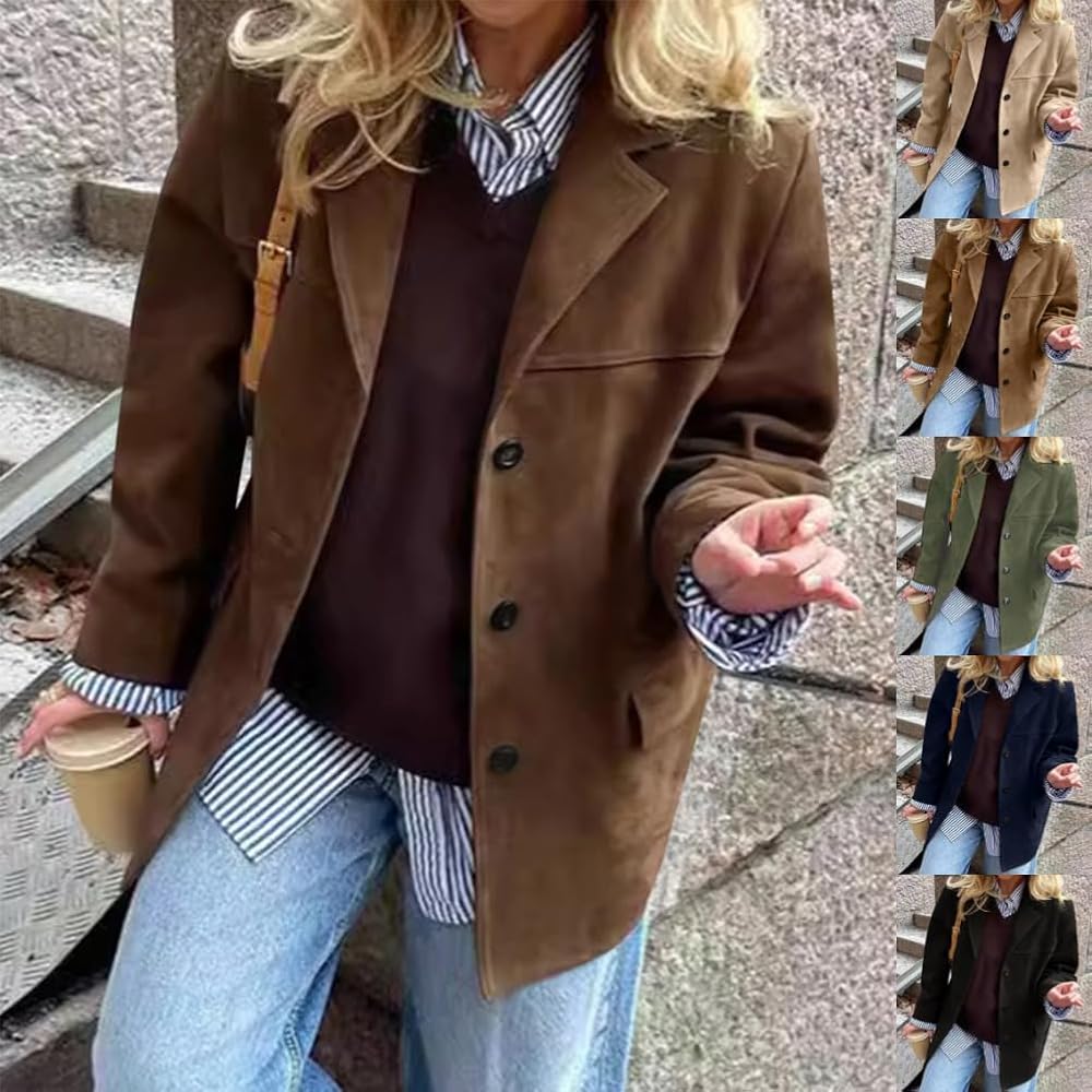 Giacca Donna In Pelle Scamosciata Vintage - Blazer Elegante Con Collo A Revers, Stile Streetwear Autunnale - Foto 12