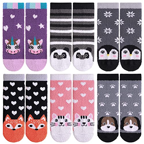 Sdbing Kids Fuzzy Socks With Grips Boys Girls Fuzzy Slipper Socks With Grips Soft Warm Winter Non Slip Socks For Toddler Kids 6 Pairs (8-12 Years, 6 Pairs Cute Animal) #TOP1