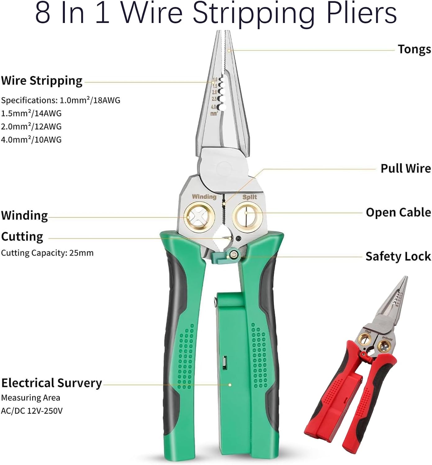 8 In 1 Wire Stripper with Voltage Tester, Multifunction Wire Stripper & Crimper Tool, Electrical Pliers for Cutting Pulling Scraping and Pressing (Gray + Green)