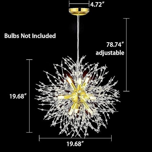 Miniatura 5 de Yiisem Candelabros de cristal dorados, 9 luces modernas de diente de león colgante de fuegos artificiales, lámpara colgante G9 para comedor,