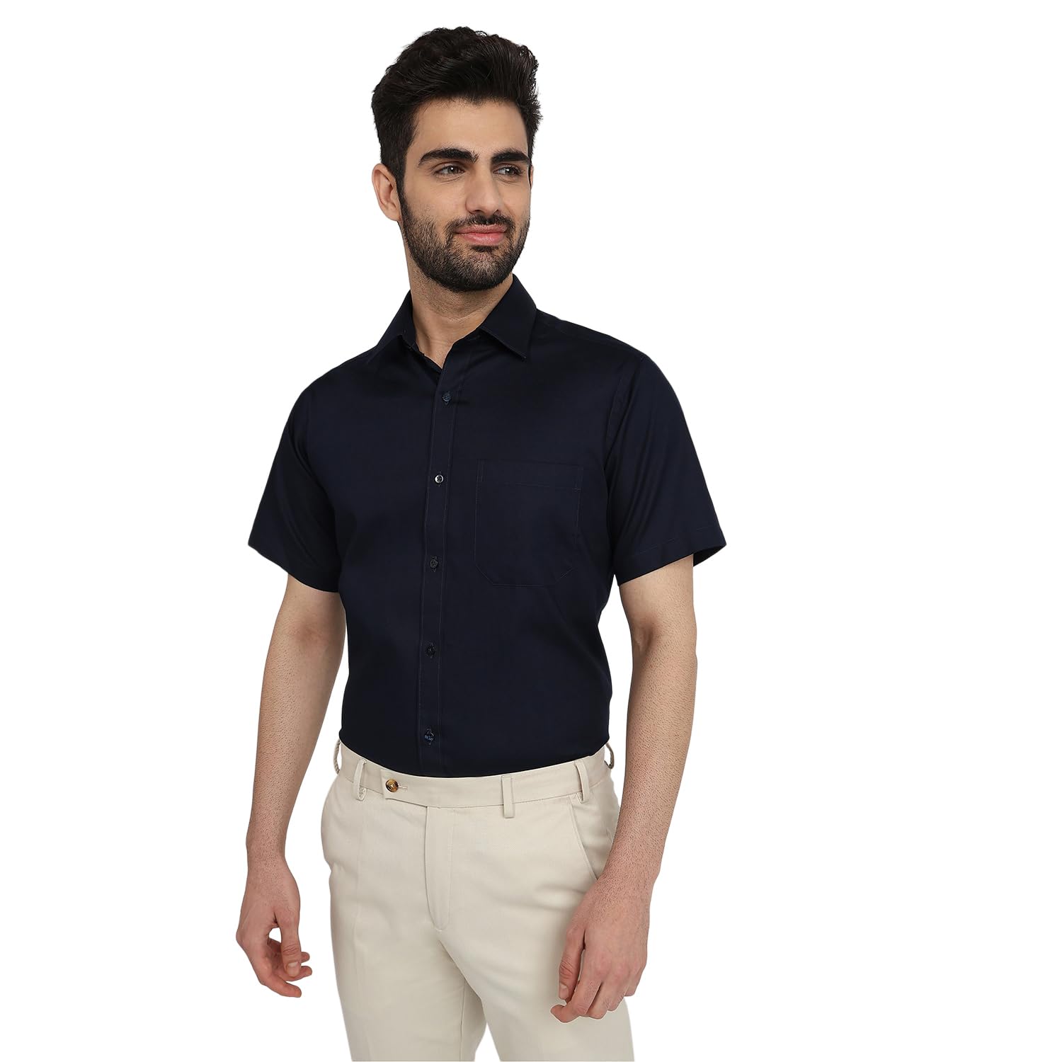 Raymond Men Contemporary Fit Solid Pattern Pure Cotton Semi Cutaway Collar Half Sleeve Formal Shirt - Review, Price and Buying Guide