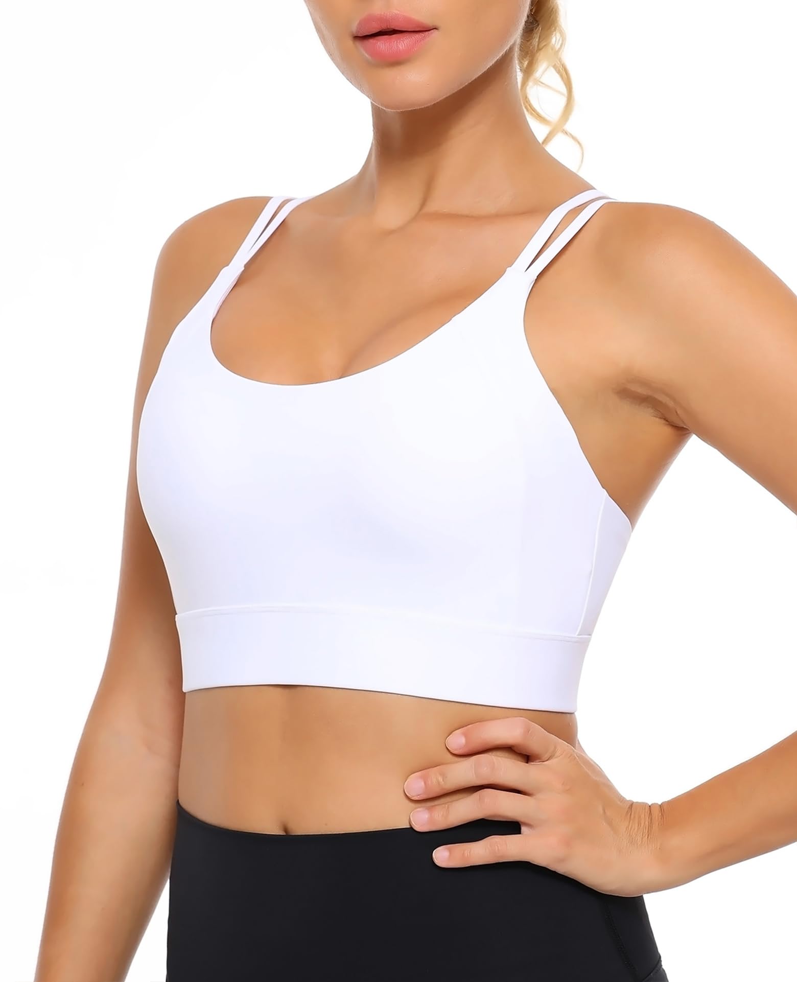 Photo 1 of **BRA IS BLACK, NOT WHITE, SIZE LARGE**Yitoco Womens Adult Sports Bra Strap Yoga Tops for Fitness Soft Wear Hollow Cross Line Back Padded (White, Large, YOYB0003-W-L)