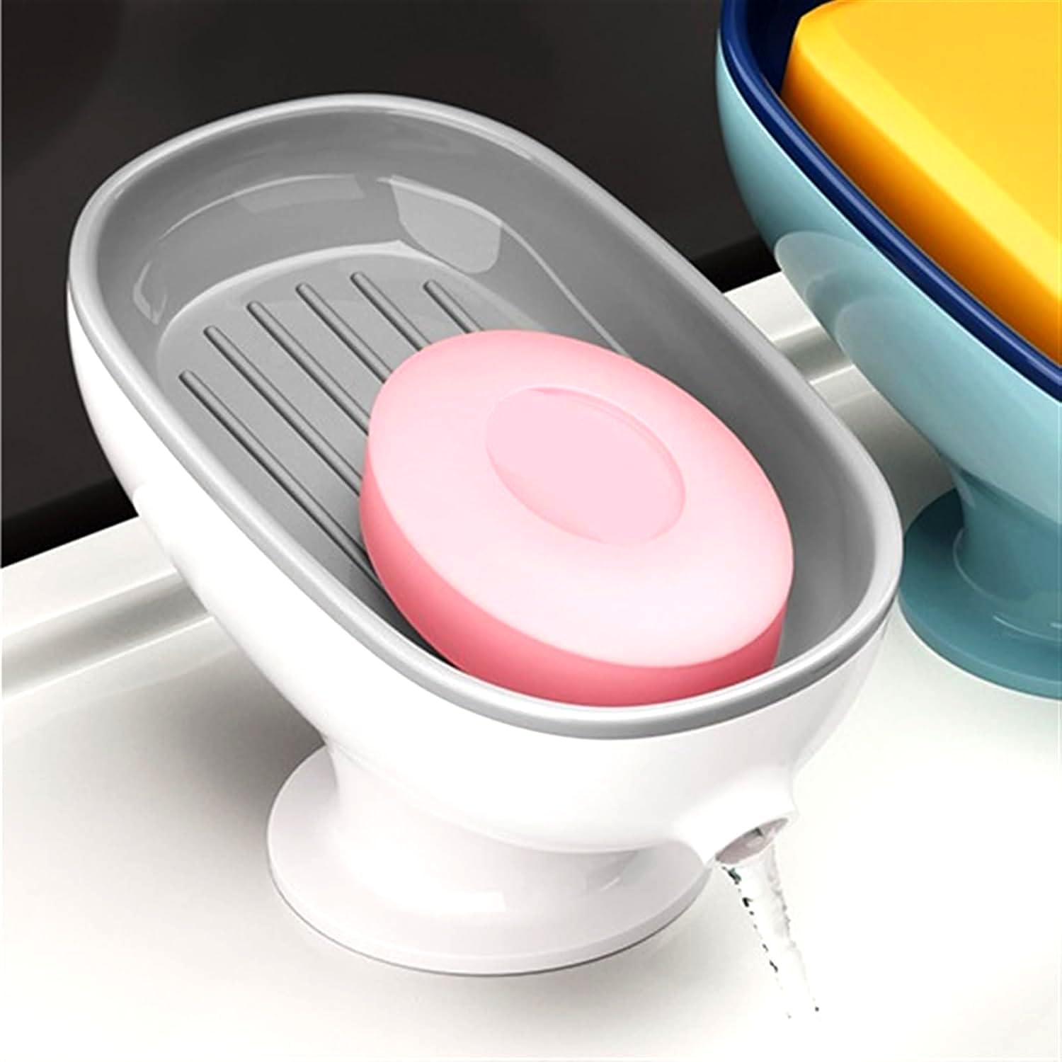 MosQuick® 2 pcs Self Draining Soap Holder with Suction Base Waterproof Oval Shape Soap Dish Stand for Bathroom & Kitchen Bathtub, Wash basins Waterproof Bathroom Organiser soap case(Grey & White)-image-10