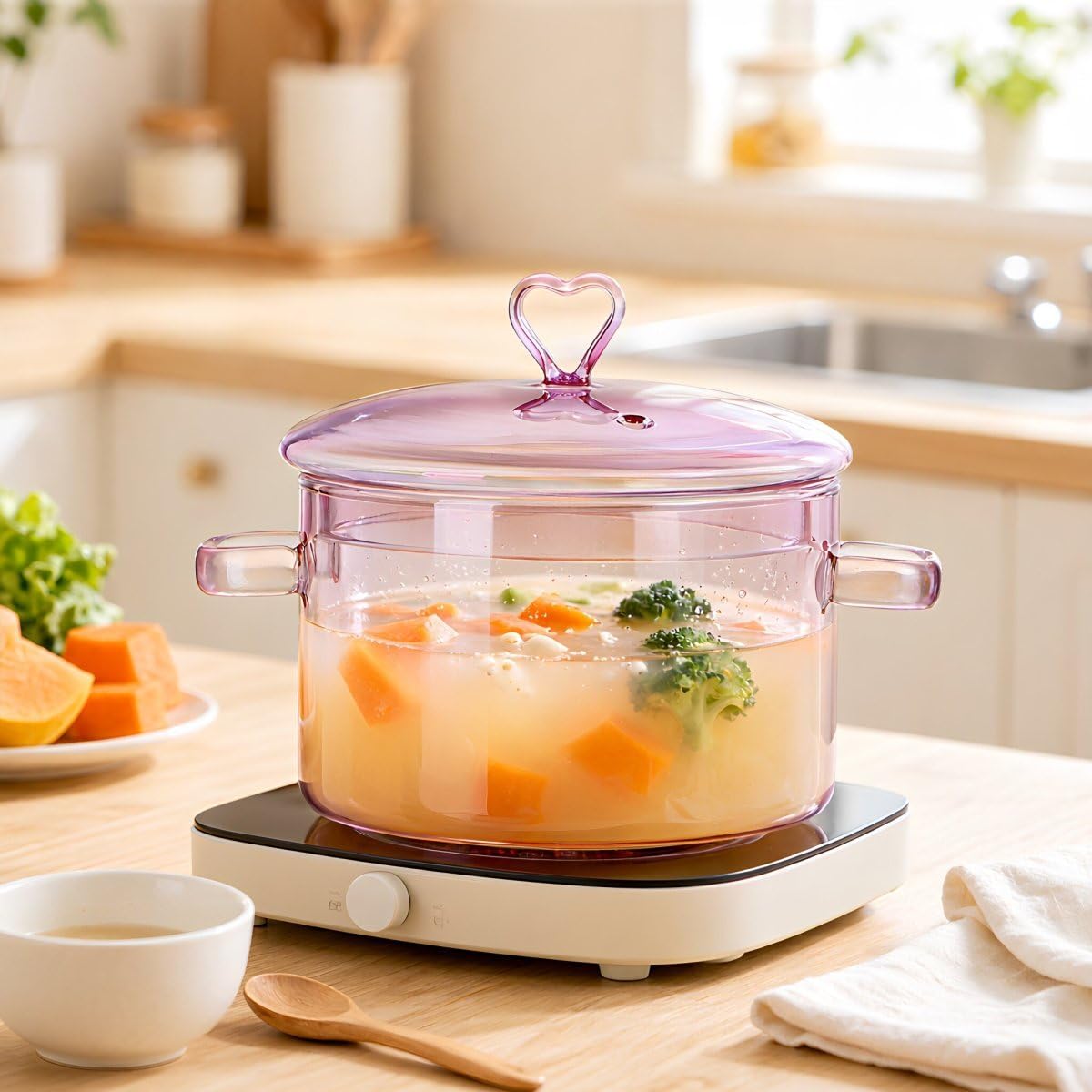 ERINGOGO Casserole en verre avec couvercle poignée - 1. 5 L/50 Oz Casserole avec couvercle en verre Ustensiles de cuisine en borosilicate Pot à soupe transparent - Rose