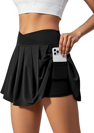 Womens Athletic Skirts Crossover Wide Waistband Flowy Tennis Sports Skort with Inner Shorts Pockets