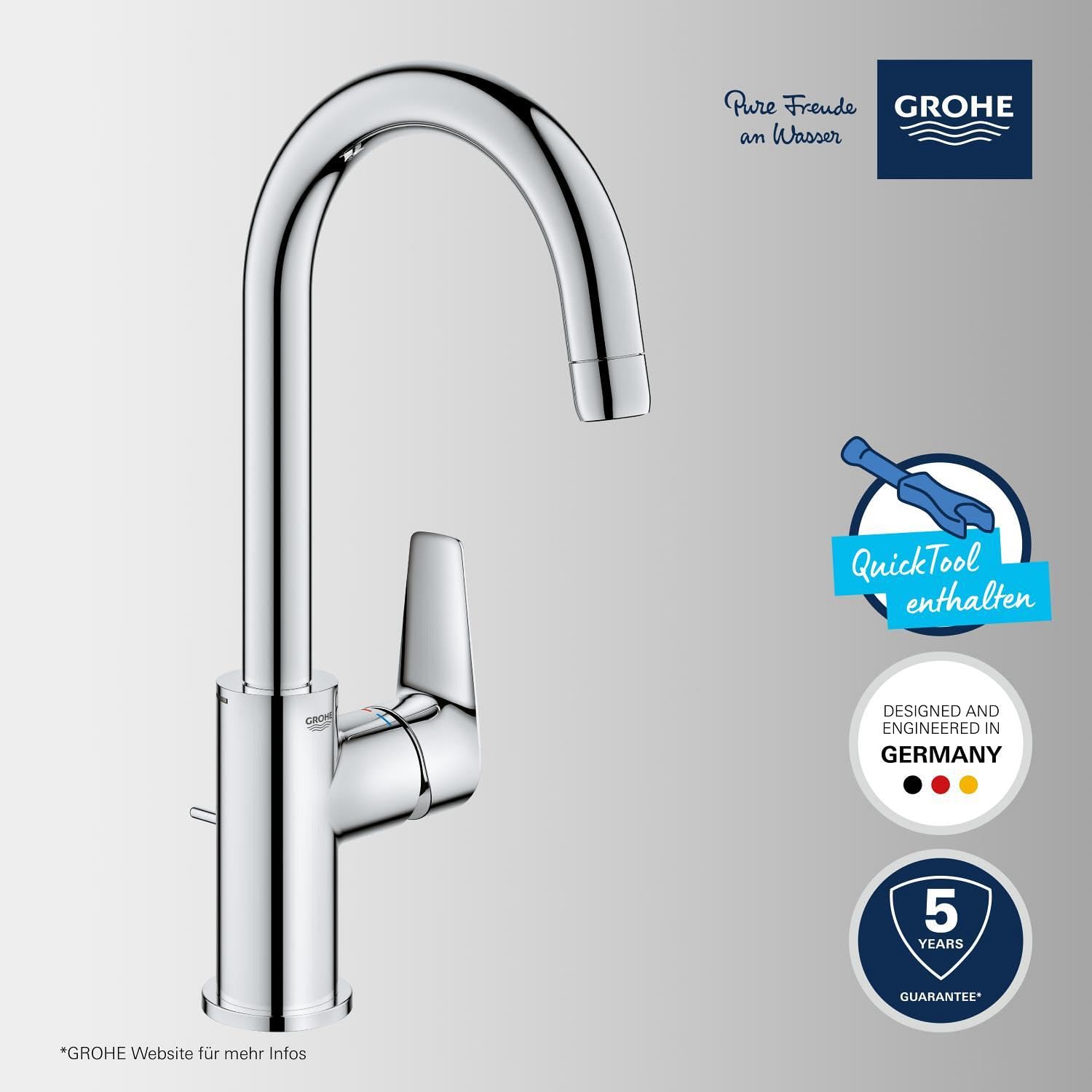 GROHE StartEdge, Waschtischarmatur hoch, wassersparend (Wasserhahn für das Bad, Badarmatur mit Zugstangen-Ablauf, 31cm hoch, mit 3in1 Werkzeug, einfache Installation am Waschbecken), chrom, 24201001