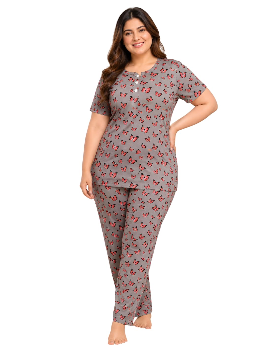 ladygram Women's Plus Size Summer Nightwear Set Cotton Blend Long Length Printed Night Suit Half Sleeve Comfortable Sleepwear for Ladies-picture-54
