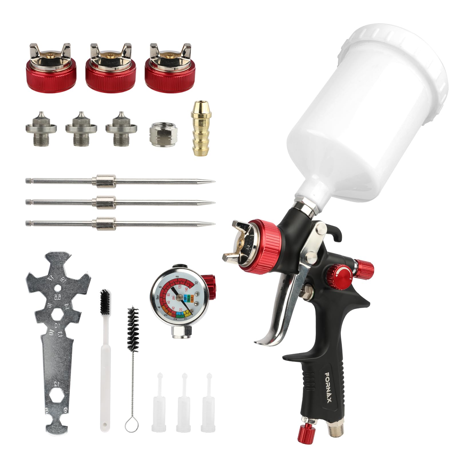 FORNAX HVLP Luftspritzpistole mit 1,3/1,5/1,7 mm Düsen und Luftregler, 600 cc professionelle Auto-Lackierpistole, Lackierpistole für Auto-Haus-Lackierung, Möbel und Decklack