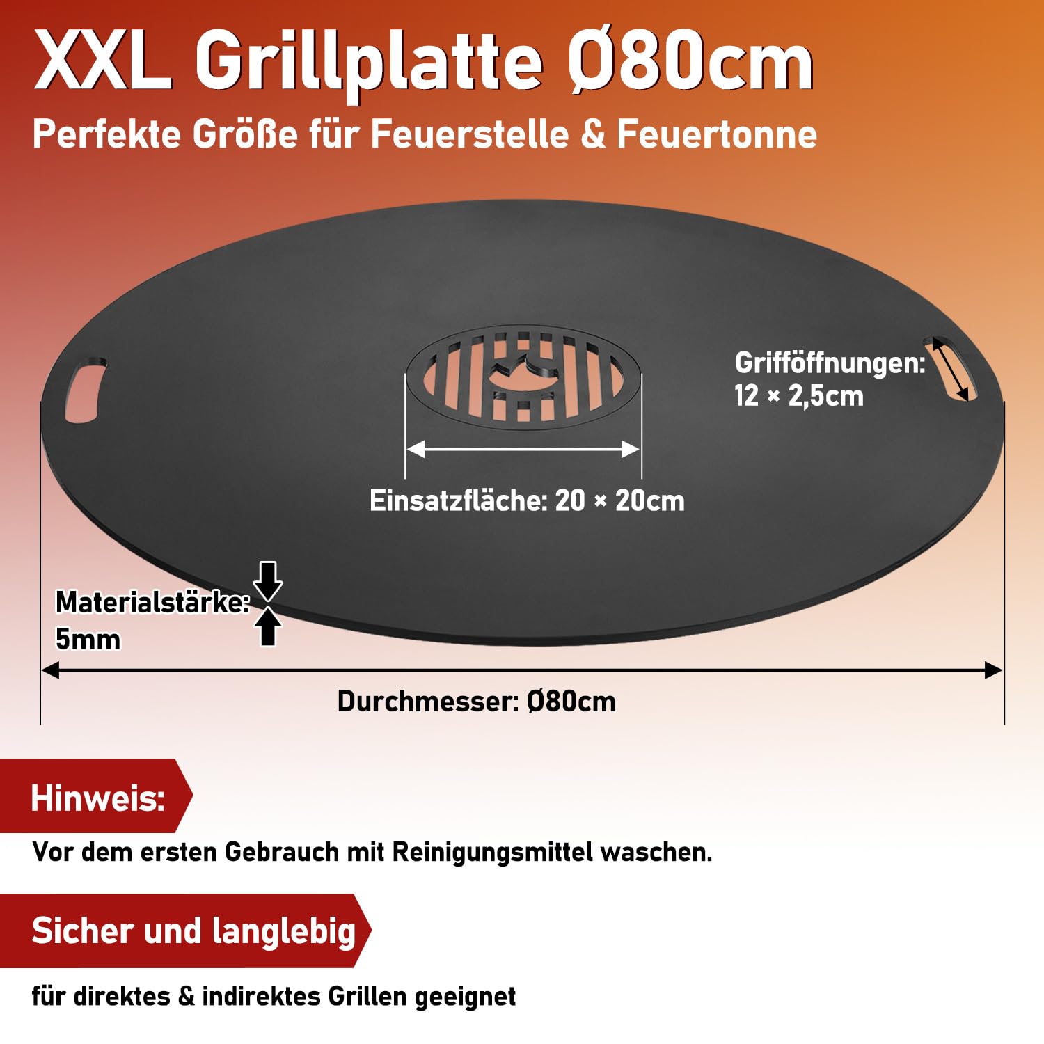 Feuerplatte 80 cm aus Carbonstahl, 5 mm stark, mit herausnehmbarem Grilleinsatz und Hitzeschutzhandschuh, für Feuertonne, Feuerschale und Feuerstelle