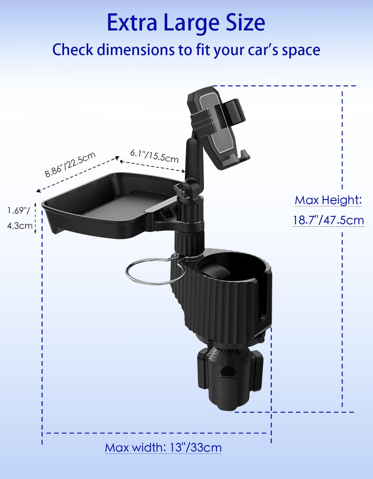 Plateau porte-gobelet de voiture – 4 en 1 avec porte-gobelet en métal, plateau alimentaire réglable et support de téléphone pour tous les usages, essentiels automobiles pour conducteur et