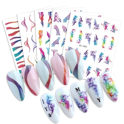 Dornail 8 Sheets Rainbow Marble Blooming Nail Stickers 3D Wave Stripe Curve Line Nail Decals Self Adhesive Nail Art Stickers Diy Nail Design Nail Art Decoration #TOP6
