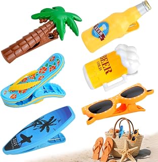 6 Pcs Beach Towel Clips for Beach Chairs, Plastic Large Laundry Clip Clothes Pegs, Creative Beer Bottles Cup Surfboard Coconut Tree for Lounge Chair, Cruise Clothes Lines, Patio and Holiday Pool