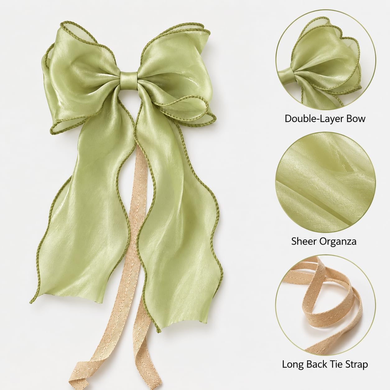 2 Pack Light Green Organza Bow Curtain Tiebacks for Curtains, Double Layer Sheer Ribbon Curtain Tie Backs, Decorative Bowknot Holdbacks for Bedroom and Home Decor