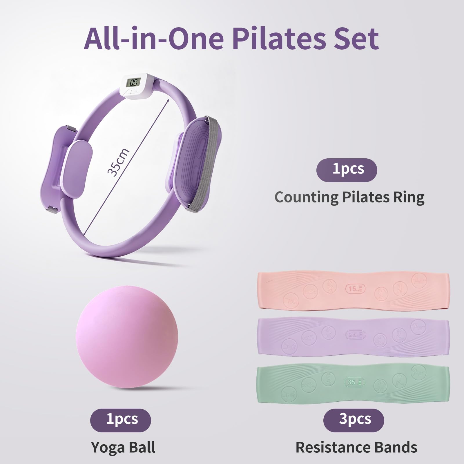 Pilates Kit, Anello Pilates da 14''/35cm Pollici con Palla Mini Pilates,3pcs Fascette Resistenza per Forza Flessibilità,Stabilità e Tonificazione Corporea Attrezzi da Palestra con Display