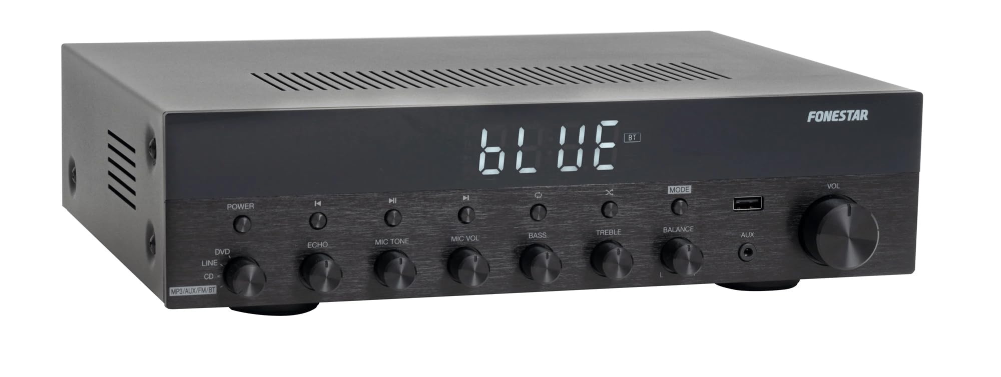 FONESTAR Amplificador Estéreo Bluetooth, USB/MP3, Radio FM, HiFi 60+60 RMS de Potencia As-6060