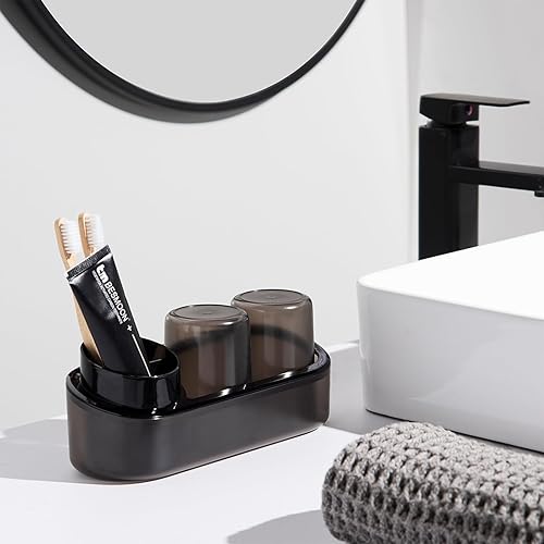 Miniatura 4 de Soporte negro para cepillos de dientes para baño, organizador de baño con 2 vasos de baño, soporte eléctrico para cepillos de dientes para niños,