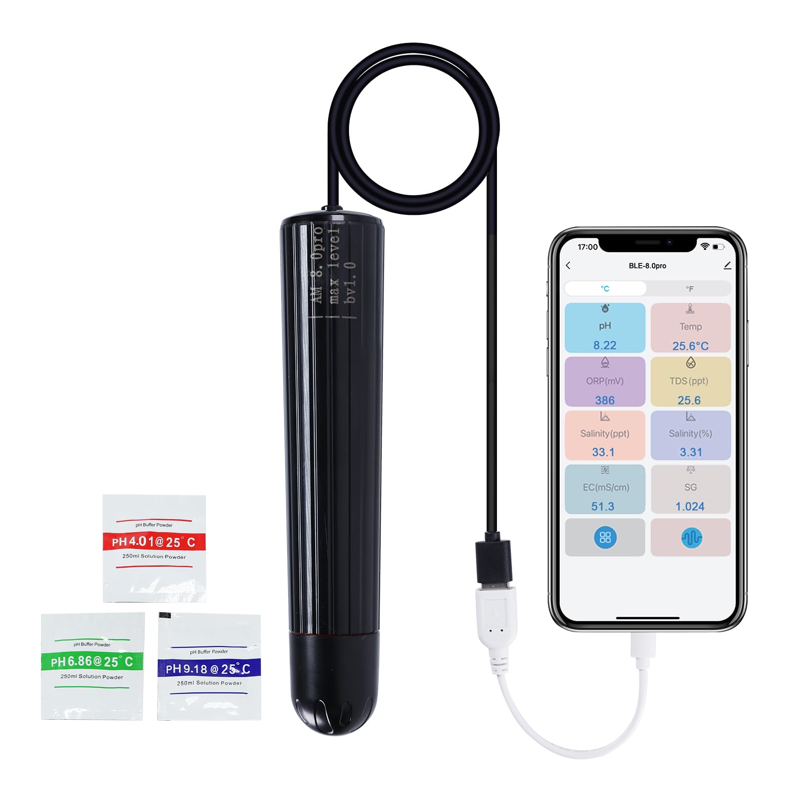 TEKCOPLUS Smart WiFi - Monitor digitale 7 in 1 per acquari e colture idroponiche, tester per pH, temperatura, TDS, salinità CE, gravità specifica e ORP, sonda multi-parametro in tempo reale con