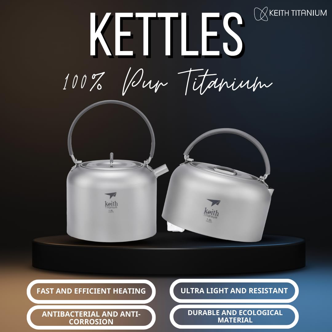 Keith Titanium Wasserkocher - Premium Leichter Campingwasserkocher zum Kochen von Wasser, Tee und Kaffee - Robuster, hitzebeständiger tragbarer Wasserkocher mit intelligenter Ausgussöffnung (1L)