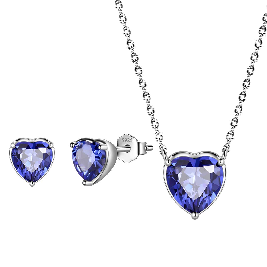 Aurora Tears Hearts Necklace Earrings Jewelry Sets - Women 925 Sterling Silver Birthstone Pendants Earrings Set Crystal Wedding Birthday Jewelry