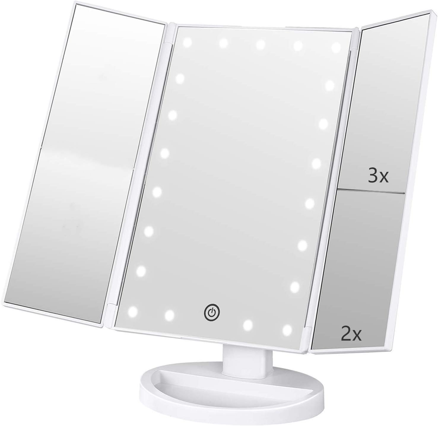 Flymiro Lighted Vanity Makeup Mirror 1x/2x/3x Magnification,Vanity Mirror Tri-fold with 21 LED Lights and Touch Screen,180° Rotation Countertop Cosmetic Travel Mirrors