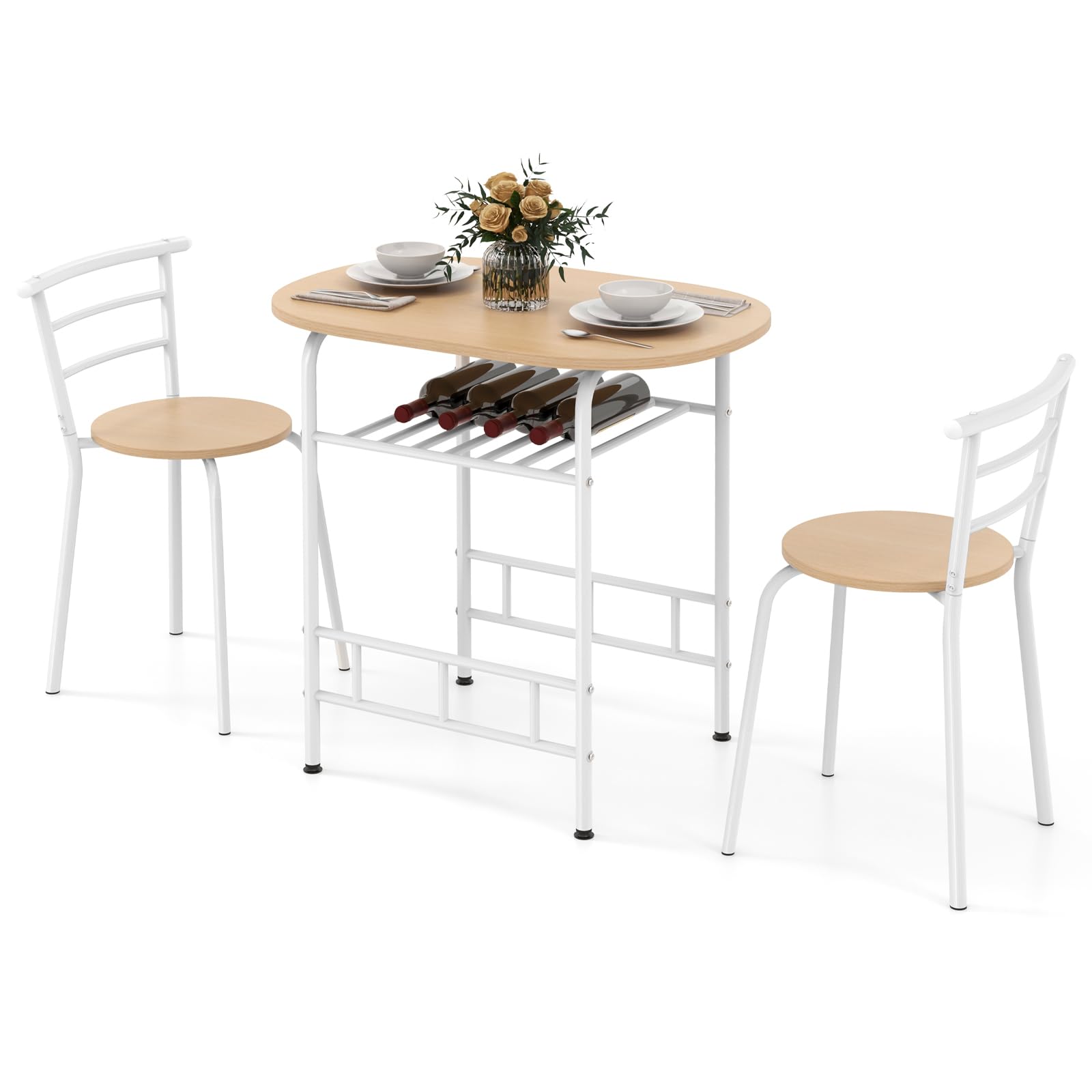 COSTWAY Table de Cuisine avec Chaise pour 2 Personnes, Table Cuisine Petit Espace avec Porte-Bouteilles, Table à Manger Ronde Cadre en Métal pour Bistro, Jardin, Balcon (Naturel)