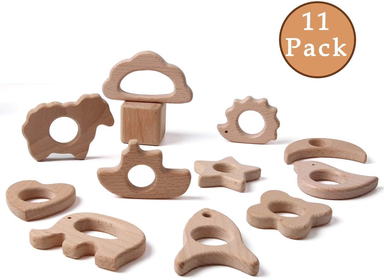 Wood Teethers for Babies DIY Necklace and Bangles Soothes Gum Pain Molar Teething Wood, Bird Elephant Sheep Moon Rocket Butterfly Star Heart Hedgehog Ship Cloud