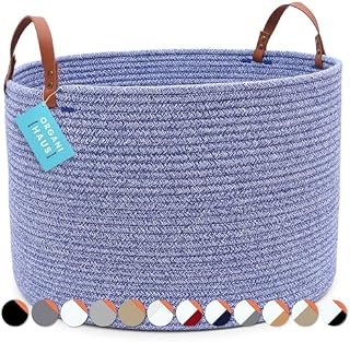 OrganiHaus Extra Large Cotton Rope Basket with Real Leather Handles | Woven Basket | Baby Woven Laundry & Blanket Basket | Large Toy Storage Basket for Kids & Rope Storage Basket Woven 50x33cm Blue