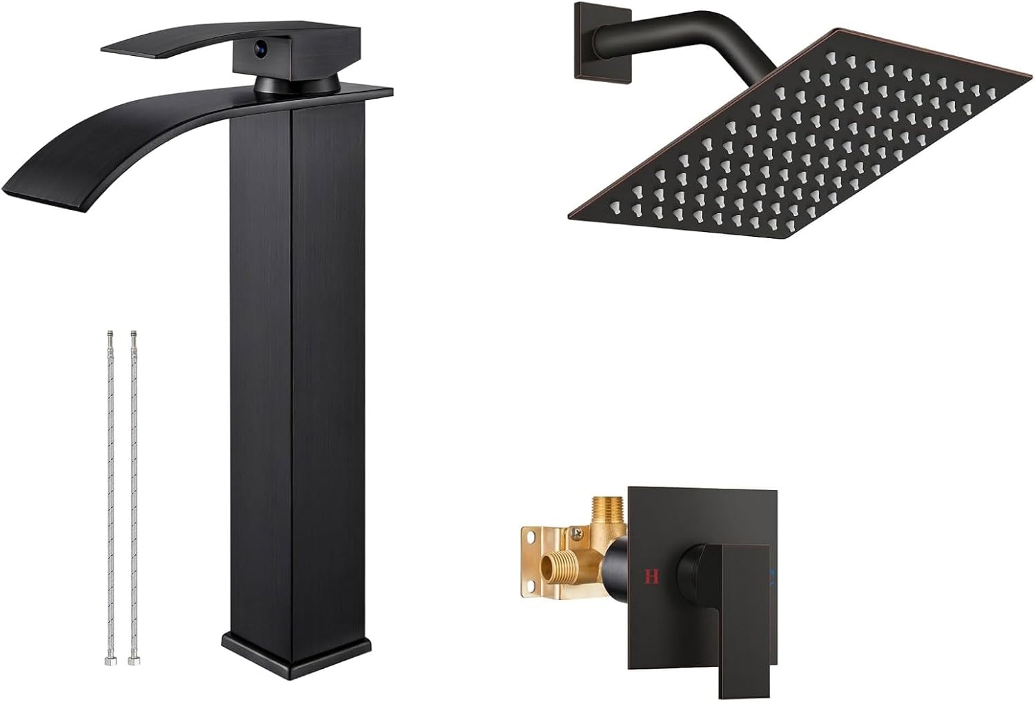 Airuida Tall Vessel Sink Faucet Oil Rubbed Bronze, Single Handle Single Hole Tall Waterfall Bathroom Faucet Shower Faucet Set Bathroom Rain Shower System SUS304 Stainless Steel Single Handle