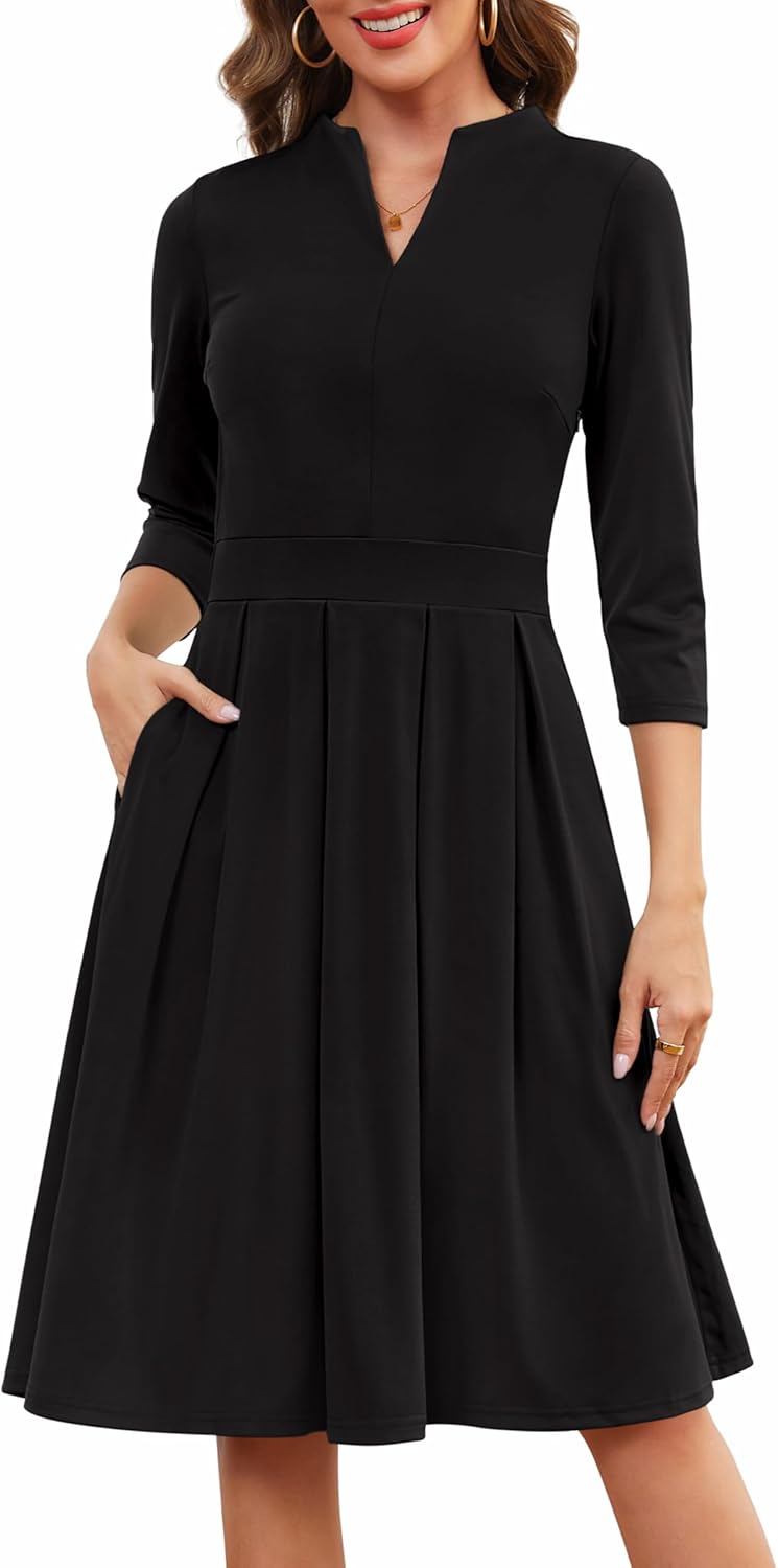 Zattcas Women 3/4 Sleeve Vneck Fall Dress Business Casual Work Teacher Church Modest Pleated Midi Dress with Pockets