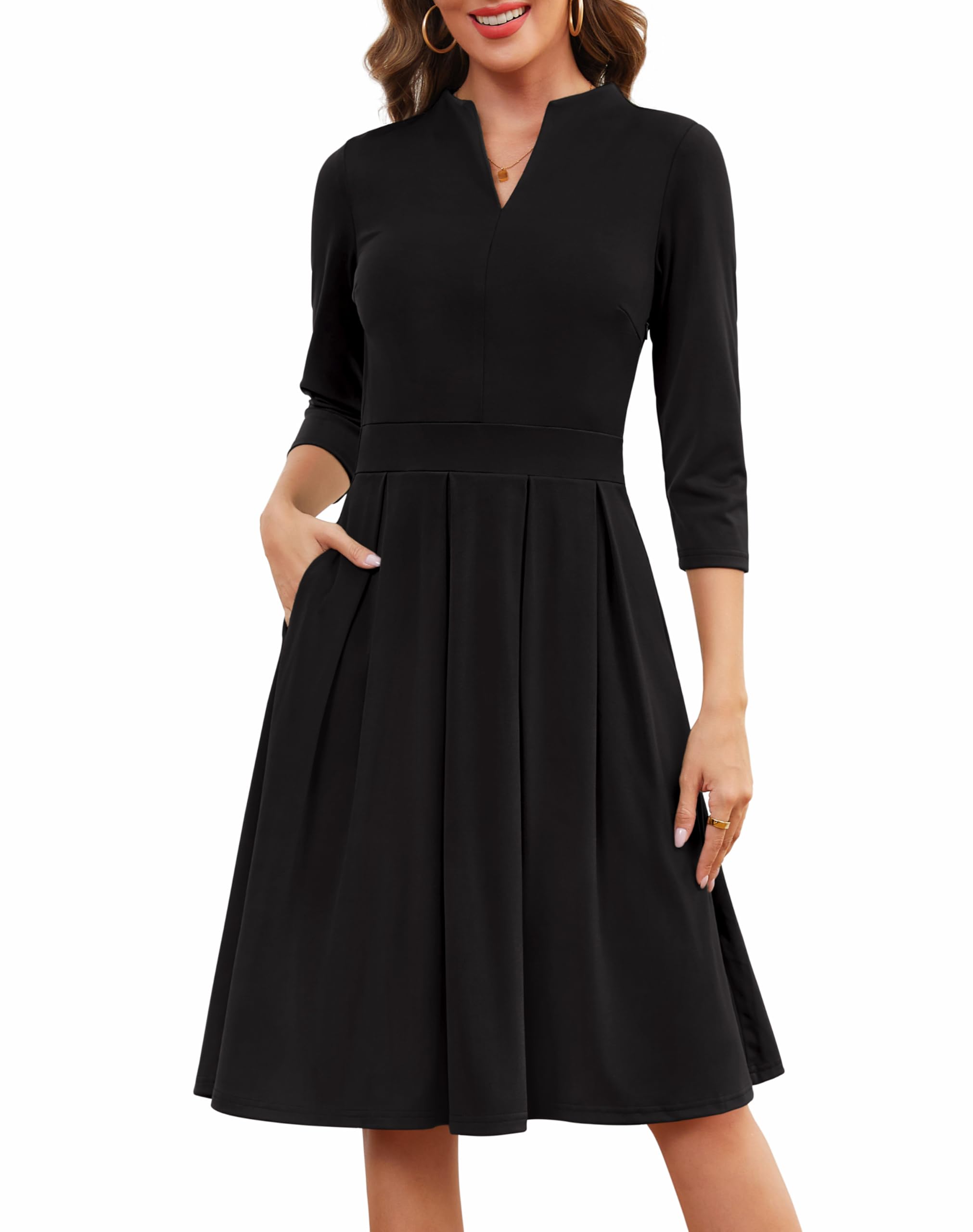 Zattcas Women 3 4 Sleeve Vneck Fall Dress Business Casual Work Teacher Church Modest Pleated Midi Dress with