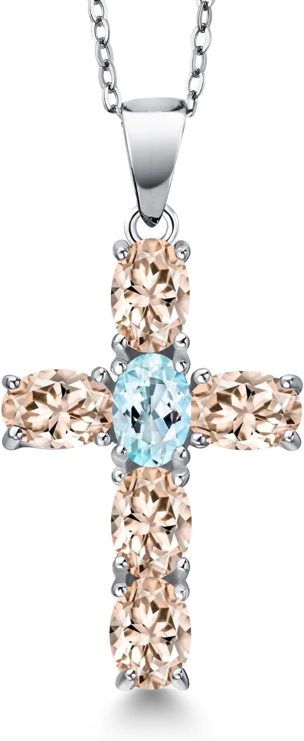 Gem Stone King 925 Sterling Silver Peach Morganite and Sky Blue Topaz Cross Pendant Necklace for Women | 3.00 Cttw | Gemstone October Birthstone | Oval 6X4MM | With 18 Inch Chain