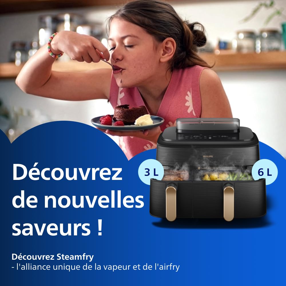 Philips Airfryer Série 5000 - Air Fryer double panier avec cuisson vapeur, 9L, RapidAir, 19 modes de cuisson, jusqu'à 90% de matières grasses en moins, AirSteam, nettoyage vapeur, HomeID (NA552/00)