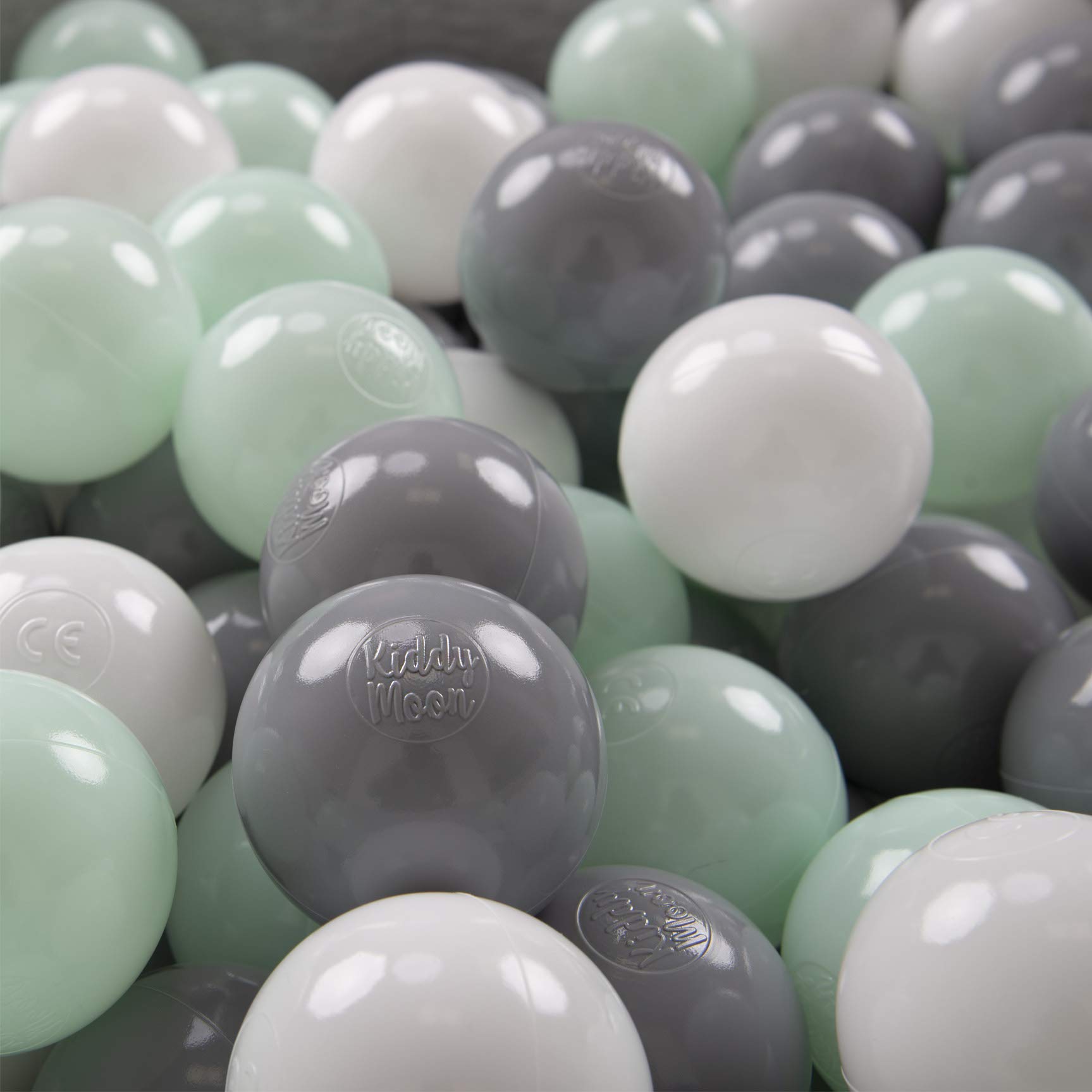 KiddyMoon Soft Plastic Play Balls For Children 200 Balls/6Cm-2.36In Colourful Made In EU, White/Grey/Mint — image 1