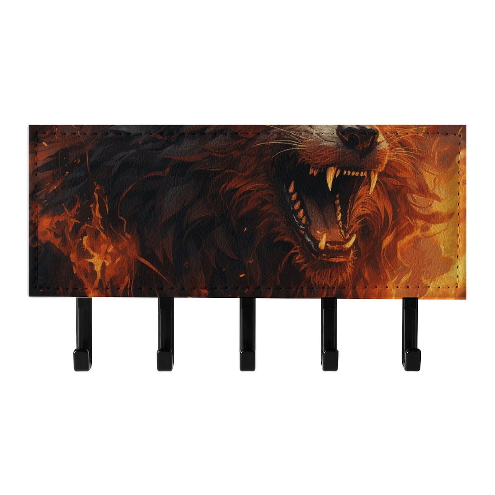 Fekiloot Black Wild Wolf In The Fire Key Holder For Wall Adhesive, No Drilling, Key Hooks With 5 Hooks Wall Mounted, Self Adhesive Keys Rack For Entryway, Hallway, Living Room, Kitchen, Office