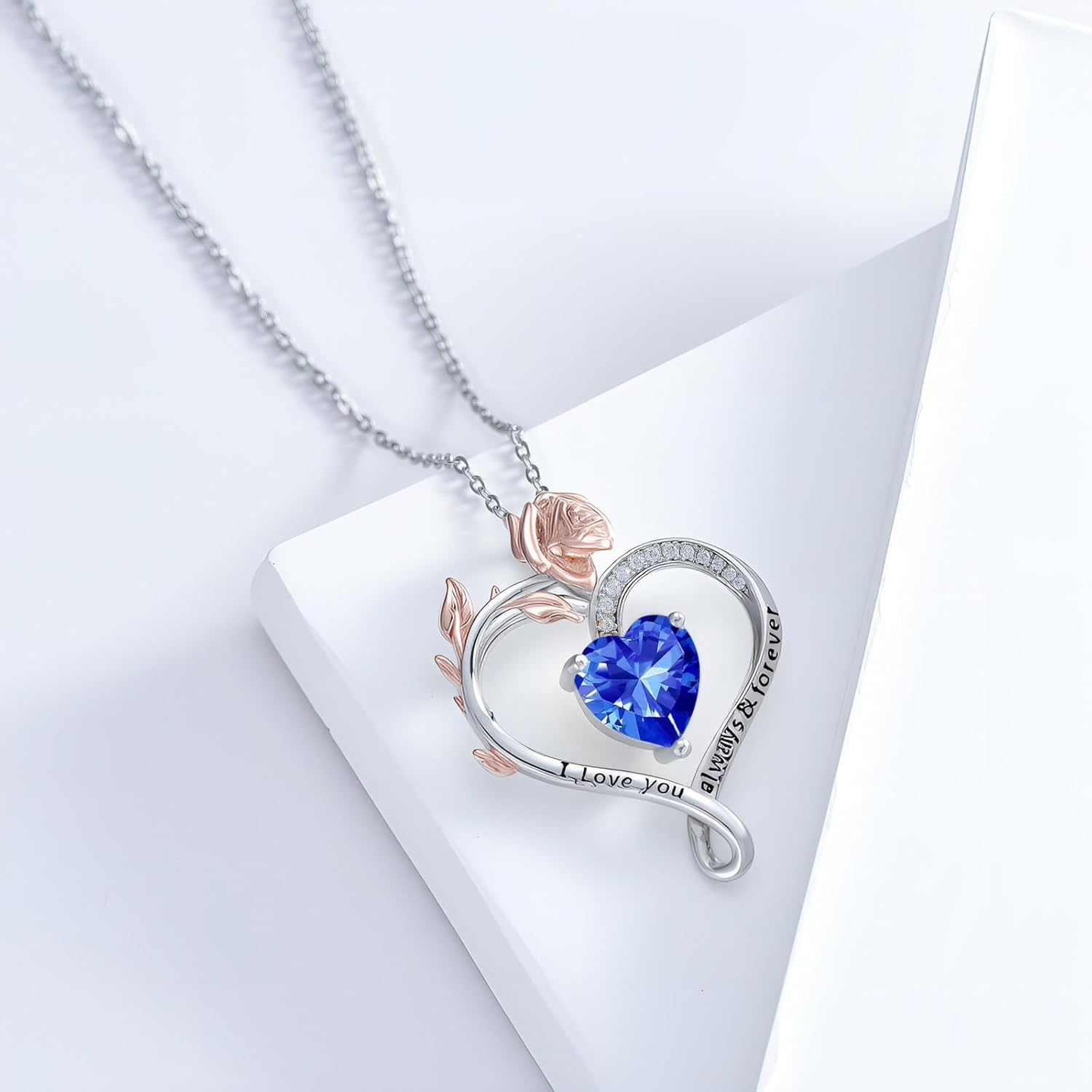 Rose Heart Birthstone Necklace Sterling Silver Heart Birthstone Necklace for Women Birthstone Heart Pendant Valentine's Day Mother’s Day Gift for Mom Wife - Image 2