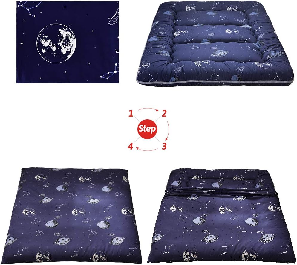 MAXYOYO Navy Space Adventure Japanese Floor Futon Mattress, Thicken Tatami Mat Sleeping Pad Foldable Bed Roll Up Mattress Floor Lounger Bed Couches and Sofas for Kids Queen Size