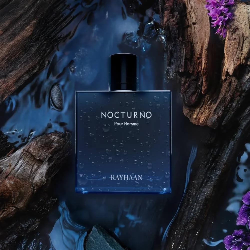 RAYHAAN Nocturno Pour Homme Eau de Parfum, Herrenduft, Flasche aus Glas, Schwarz und Blau
