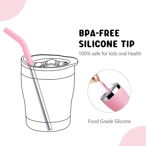 Miniatura 6 de Vaso para niños con pajita, vaso de acero inoxidable de doble pared aislada al vacío con tapa a prueba de fugas, sin sudor (rosa)